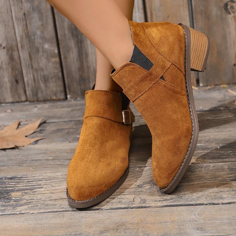 Fashion Faux Suede Mid-heel Women's Pointed-toe Chelsea Boots 2024 Spring and Autumn Solid Color Square Heel Slip-on Short Fashion Boots