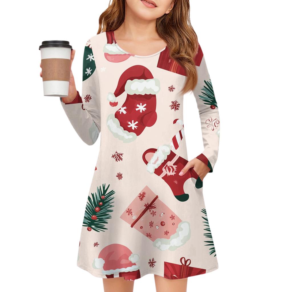 Christmas Day Girls' Long Sleeve Dress - Color Pocket Dress