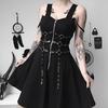 (SU)Women Black Zipper Pleated Strap Dress Gothic Street Punk Wind Cosplay Dress