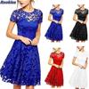 Rookiea Fashion Women Round Neck Short Sleeve Pleated Lace Slim Dress