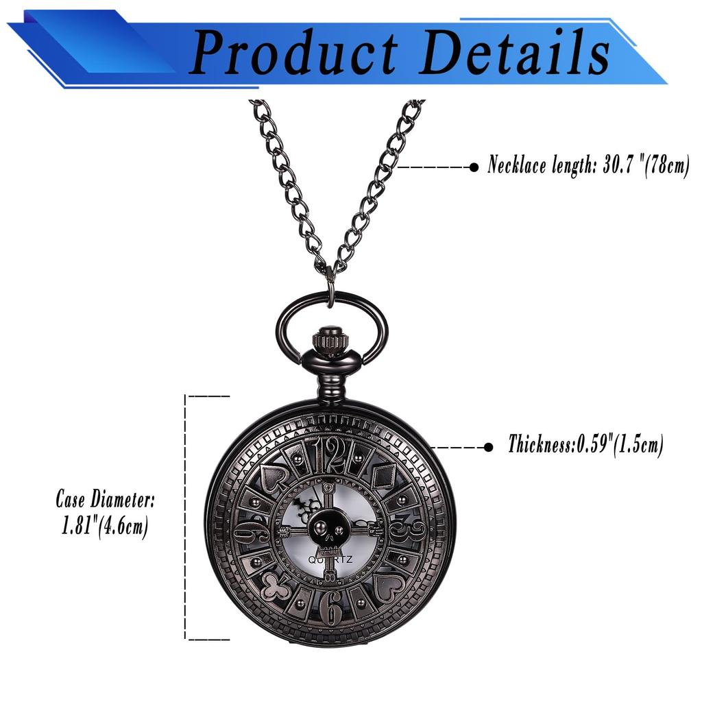 Pocket Watch Skeleton Skull Playing Cards Analog Display with Lid Waterproof Pocket Watch Quartz Pendant Necklace with Chain Black Retro Accessories