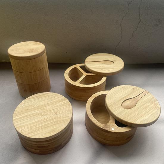 Bamboo Seasoning Storage Box with Magnetic Swivel Lid Wooden Salt Cellar Pepper Sugar Spice Holder Round Container Bowl Kitchen Gadgets