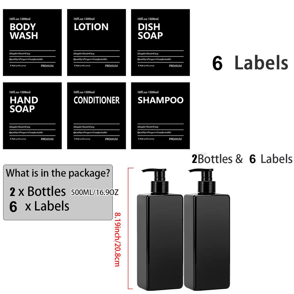 2pcs/set 500ml Square Empty Lotion Bottles with Labels Refillable Bottle Dispenser Containers Soap and Dish Soap Dispenser