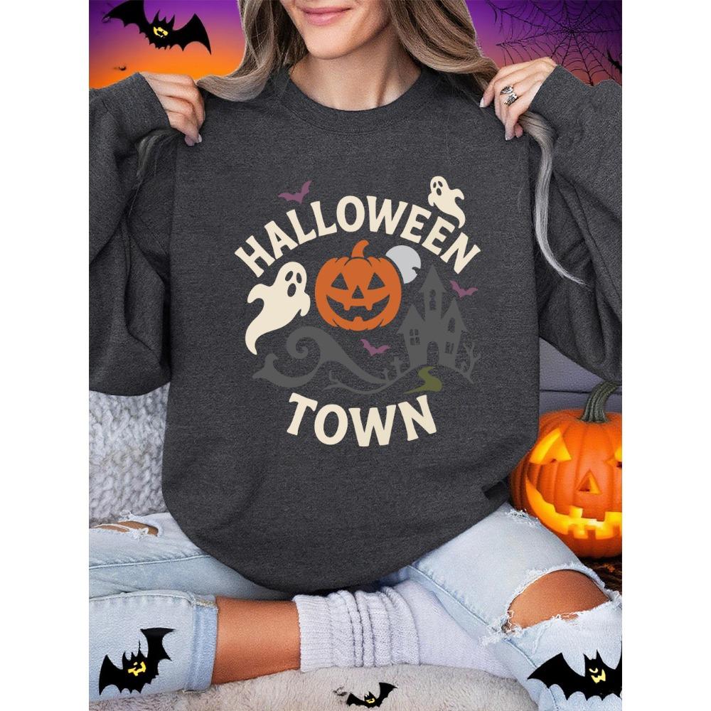 Halloween Town Pumpkin Lantern Prints Sweatshirts Women Loose Basics Hoodies Warm Crewneck Clothes Winter Casual Pullover