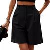 Summer Women Shorts Elastic High Waist Loose Side Pockets Straight Above Knee Length Soft Solid Color Breathable Daily Casual Business Office Shorts