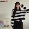 Striped Cropped Sweater Korean Style  Women Vintage Oversize Knit Jumper Female Autumn Long Sleeve O-neck Pullovers Tops