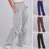 Women Cargo Pants Elastic Waist Mid-rise Straight Wide Leg Sweatpants with Multi Pockets Solid Color Casual Jogging Pants Loose Lounge Pants
