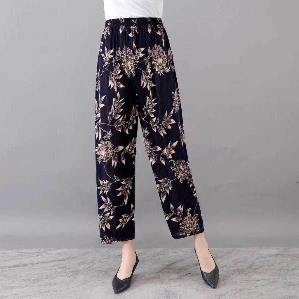Casual Summer Women's Plus Size Ice Silk Stretch Pants - Loose, High Elastic Waist for Middle-Aged and Elderly