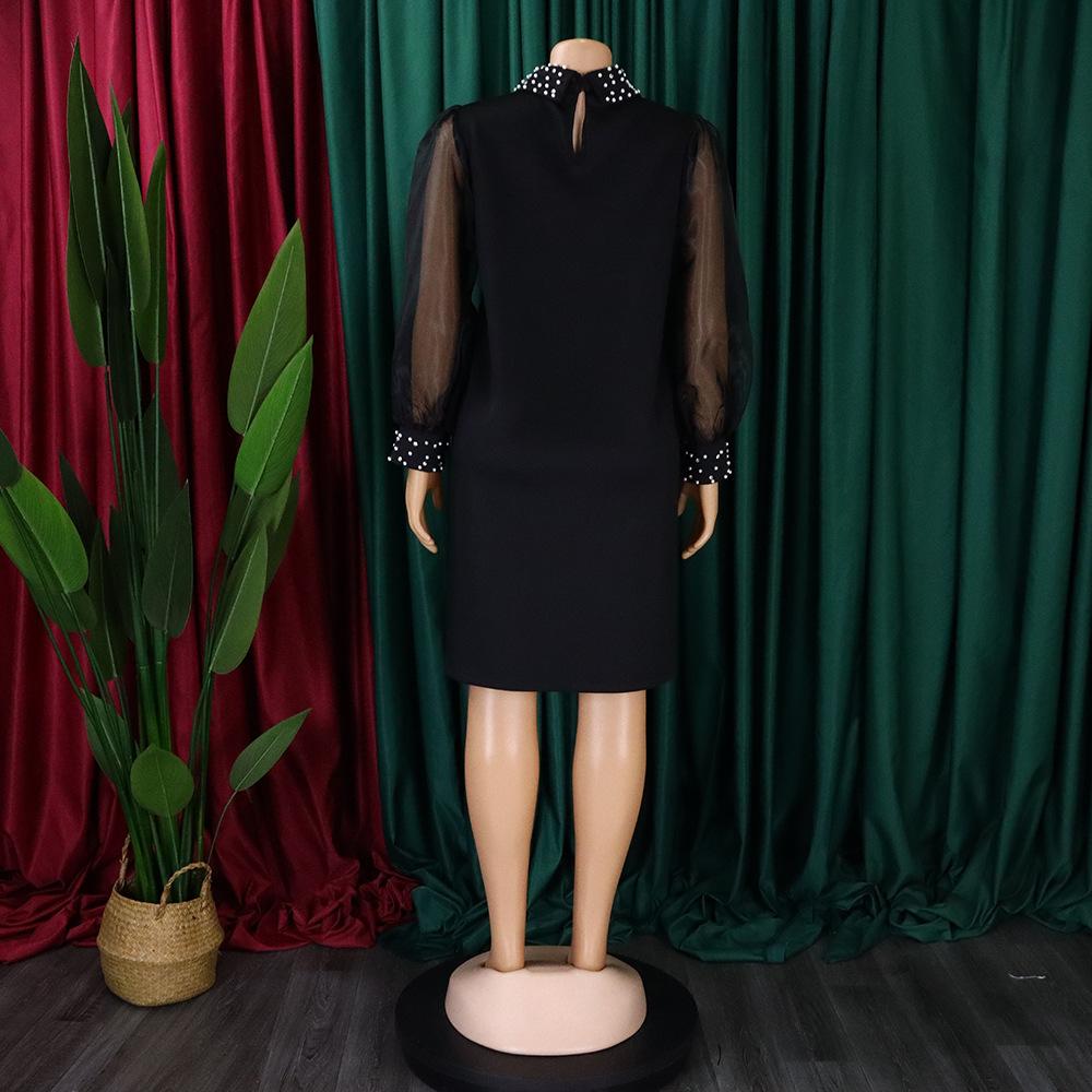 Spring and Autumn Women's Dress Plus Size Temperament Mesh Splicing Beading Loose Dresses