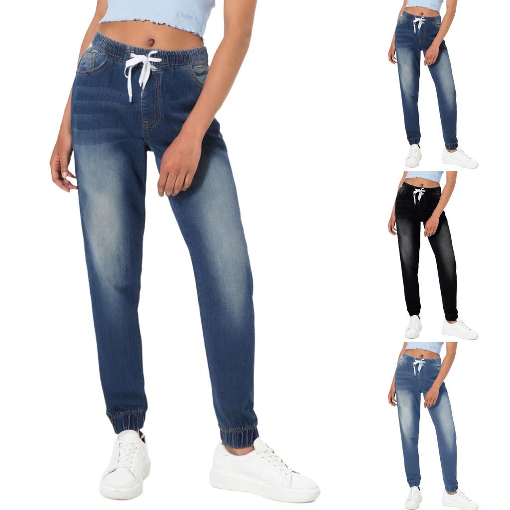 Women's Casual Solid Color Mid Waisted Poket Jeans Pants Denim Casual Trousers