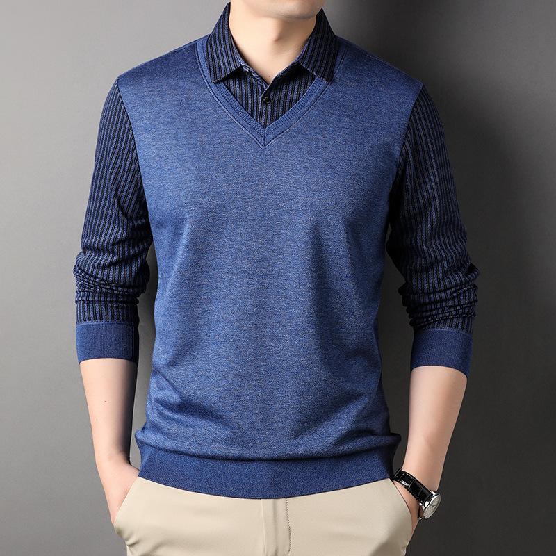 Business Lapel Fashion Striped Knitted Sweater Men's New Fake Two-Piece Knitted Sweaters Young and Middle-Aged Shirt Collar Top