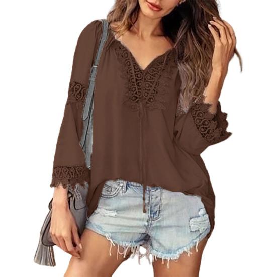 Women Shirt V-Neck Long Sleeve Side Split Hem Pullover Tops Solid