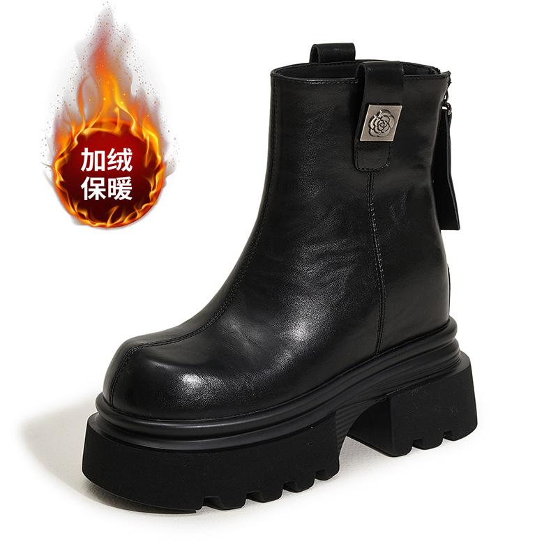Martin Boots Women's 2025 Winter New Versatile Fashion Boots Velvet Warm Thin Boots Thick Sole Inner Height Increase Short Boots