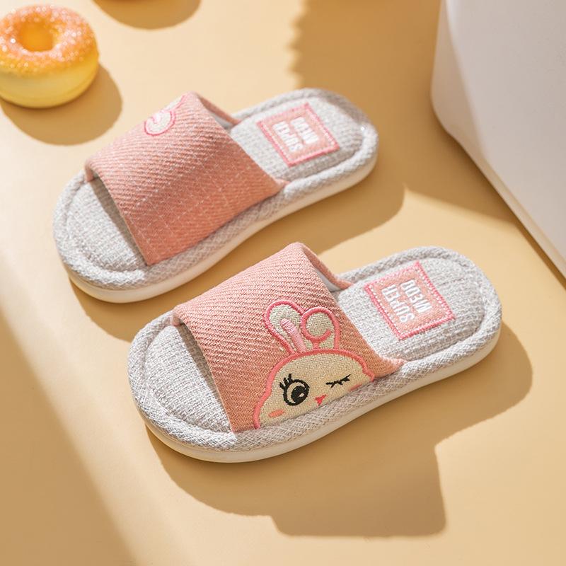 "Adorable Summer Bunny & Bear Kids' Indoor Linen Slippers for Boys and Girls"
