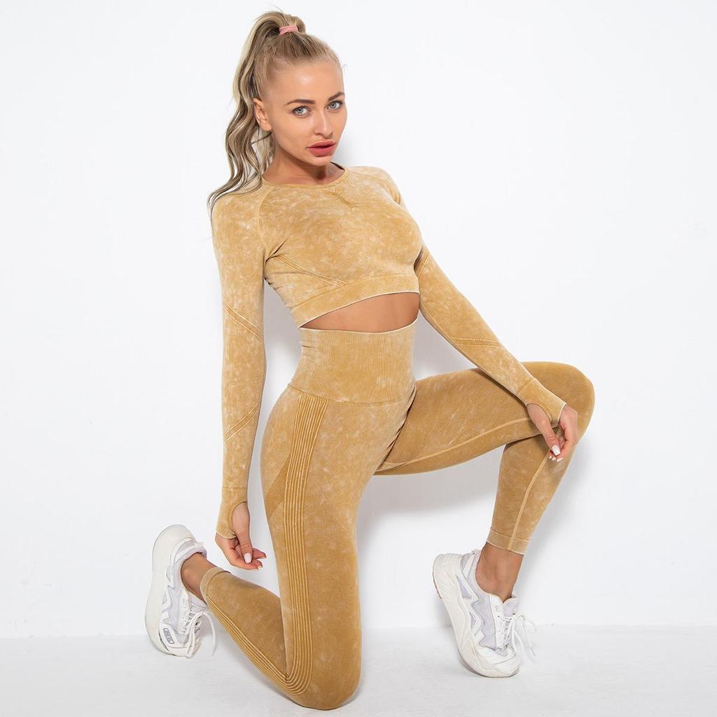 Women Seamless Washed Peach Hip Lifting Sports Running Fitness O Neck Long Sleeve Pant Suits