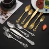 Royal Court 5-Piece Cutlery Set: Vintage Titanium-Plated Gold Stainless Steel Knife, Fork & Spoon with Embossed Hollow Design.