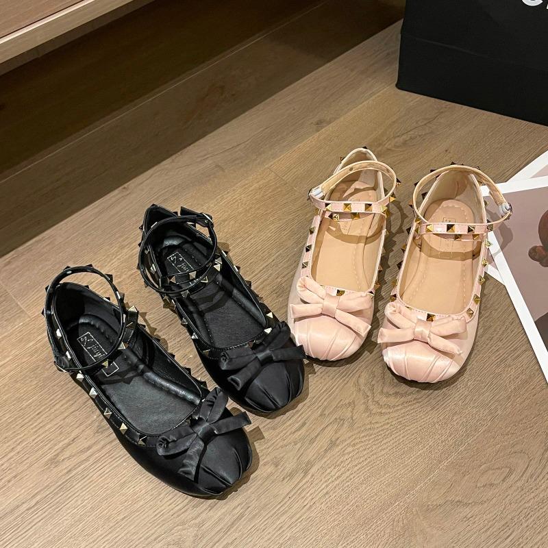 Fashion Women's Riveted Single Shoes Fall New Round Head Shallow Mouth Bow Satin One-line Buckle Flat Shoes