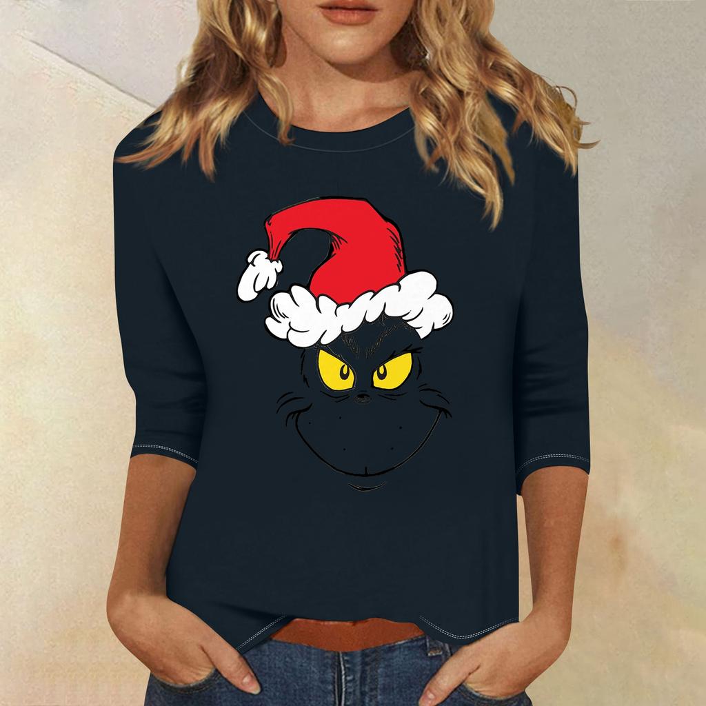 3/4 рукава топы для женщин футболка повседневные рождественские принты топы футболка круглый вырез пуловер блузка