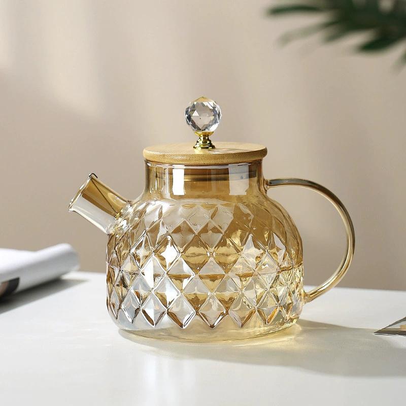 Glass Tea Kettle With Bamboo Lid And Removable Filter Spout Champagne Teapot For Loose Leaf Blooming Tea And Fruit Tea 1/15/1.8L