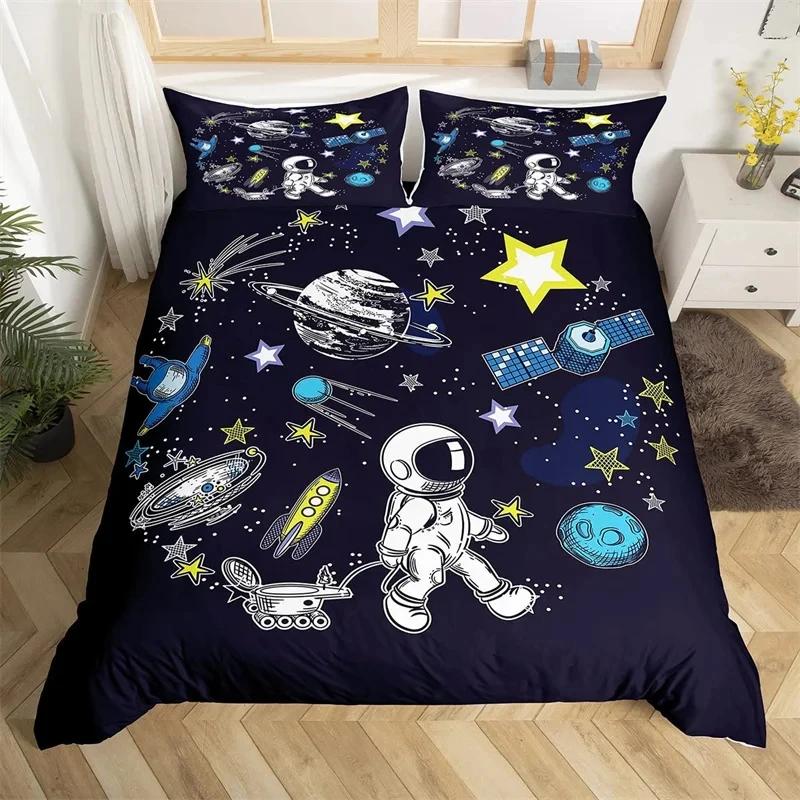 Astronaut Duvet Cover Set, Space Bedding Set for Kids Boys, Sky Galaxy Themed Comforter Cover, Queen/King/Twin Size Quilt Cover