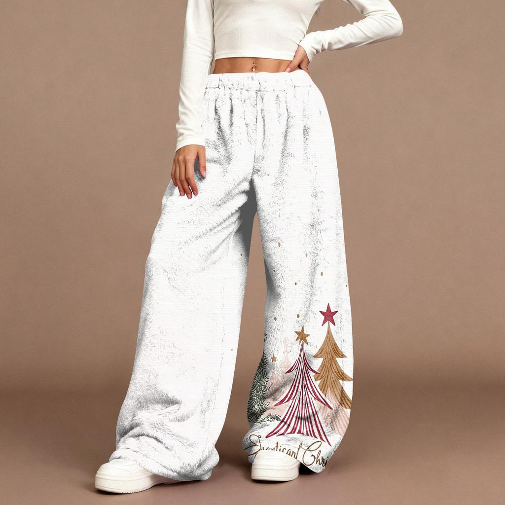 Women's Casual Fashion Christmas Print Elastic Waist Loose Plush Wide Leg Pants