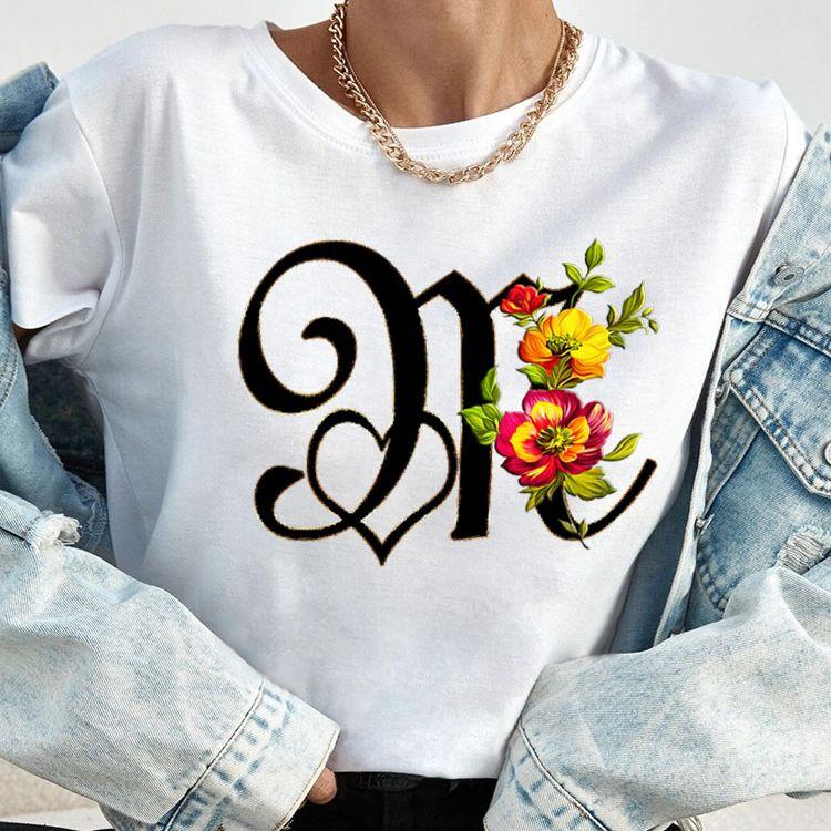 Custom Name Letter Combination Tops Fashion Women T-Shirt Rose Flower Heart Letter Font A B C D Short Sleeve Tees Black T-Shirt
