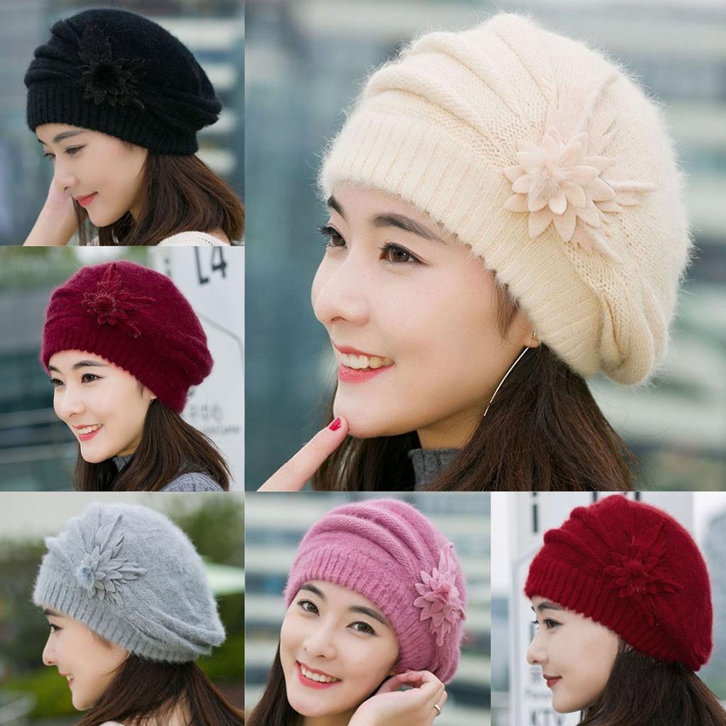 Fashion Womens Flower Knit Crochet  Hat Winter Warm Cap Beret