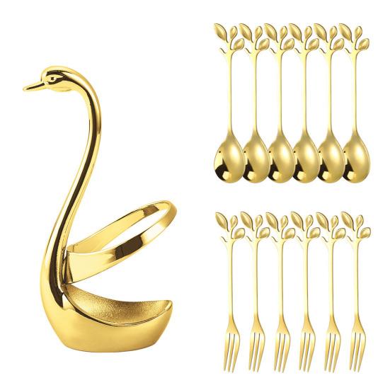 Stainless Steel Mini Fruit Forks Spoons with Non-Slip Handle Food-Grade Swan Storage Rack for Kids Desserts Snacks Parties Weddings