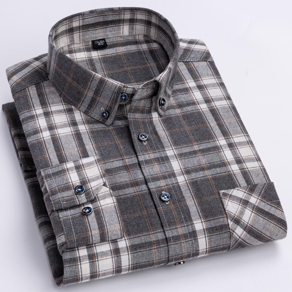 Men's Fashion Brushed Flannel Plaid Striped Shirts Single Patch Pocket Comfortable 100% Cotton Long Sleeve Standard-fit Shirt