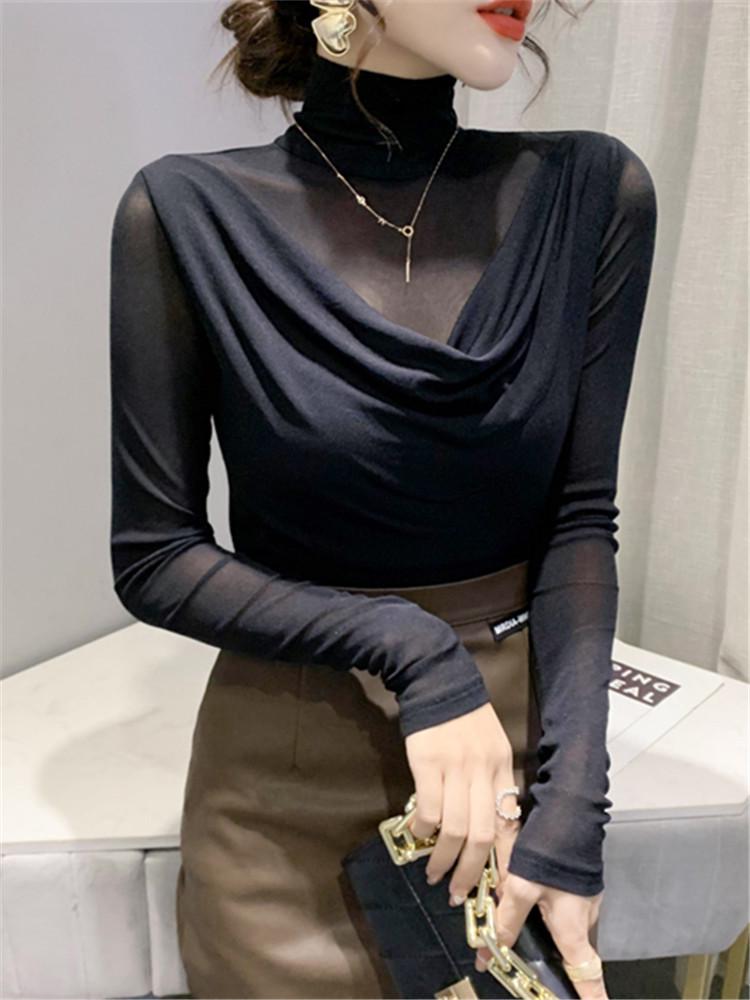 Европейский топ с высоким воротом из сетки с длинными рукавами - Женская облегающая осенняя рубашка