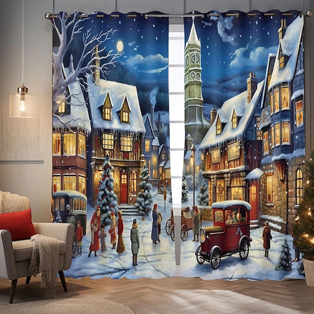 2023 Happy New Year Snow Scenery Reindeer Festival Curtains 3D Christmas Decoration Living Room Bedroom Drapes Custom