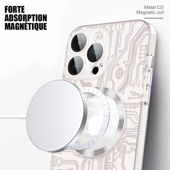Coque de protection pour iPhone 15 - Motif Circuit Electrique - Antichoc - Translucide - Cercle Magnétique