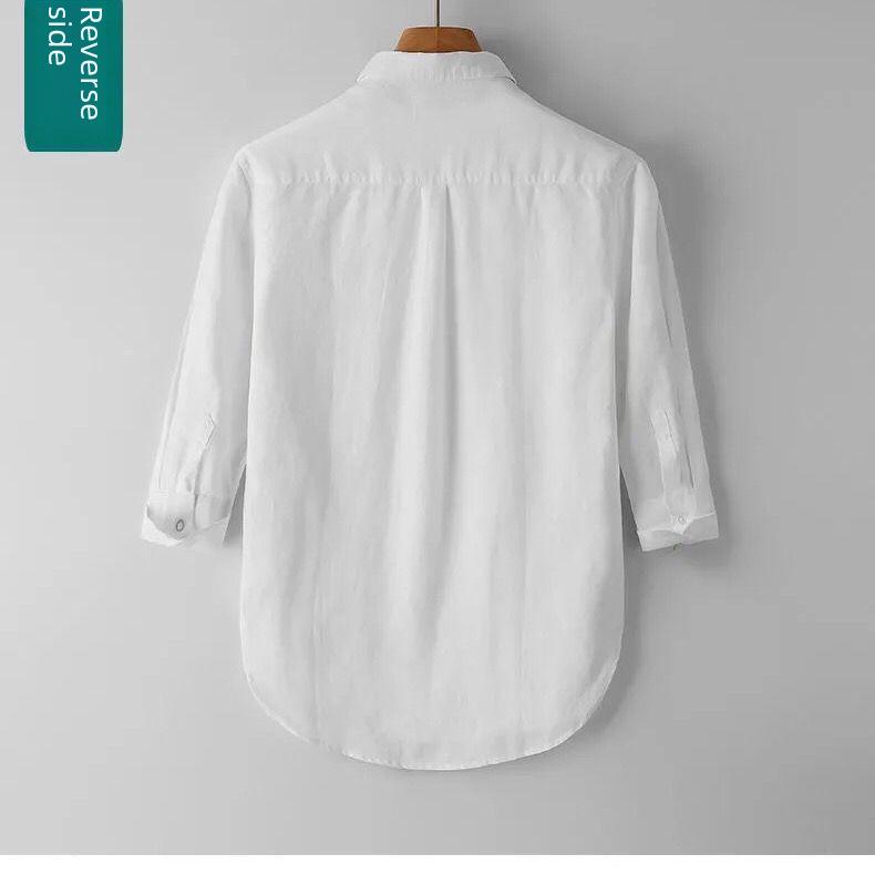 Мужская повседневная белая льняная рубашка - дышащая, свободного кроя, рукав три четверти