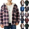 Men's Quilted Lined Button Down Plaid Shirt Add Velvet To Keep Warm Jacket With Hood