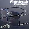 Business Photochromic Myopia Glasses for Men Diamond Cut Rimless UV400 Luxury Eyeglasses Color Changing Diopters -1.0 To -4.0
