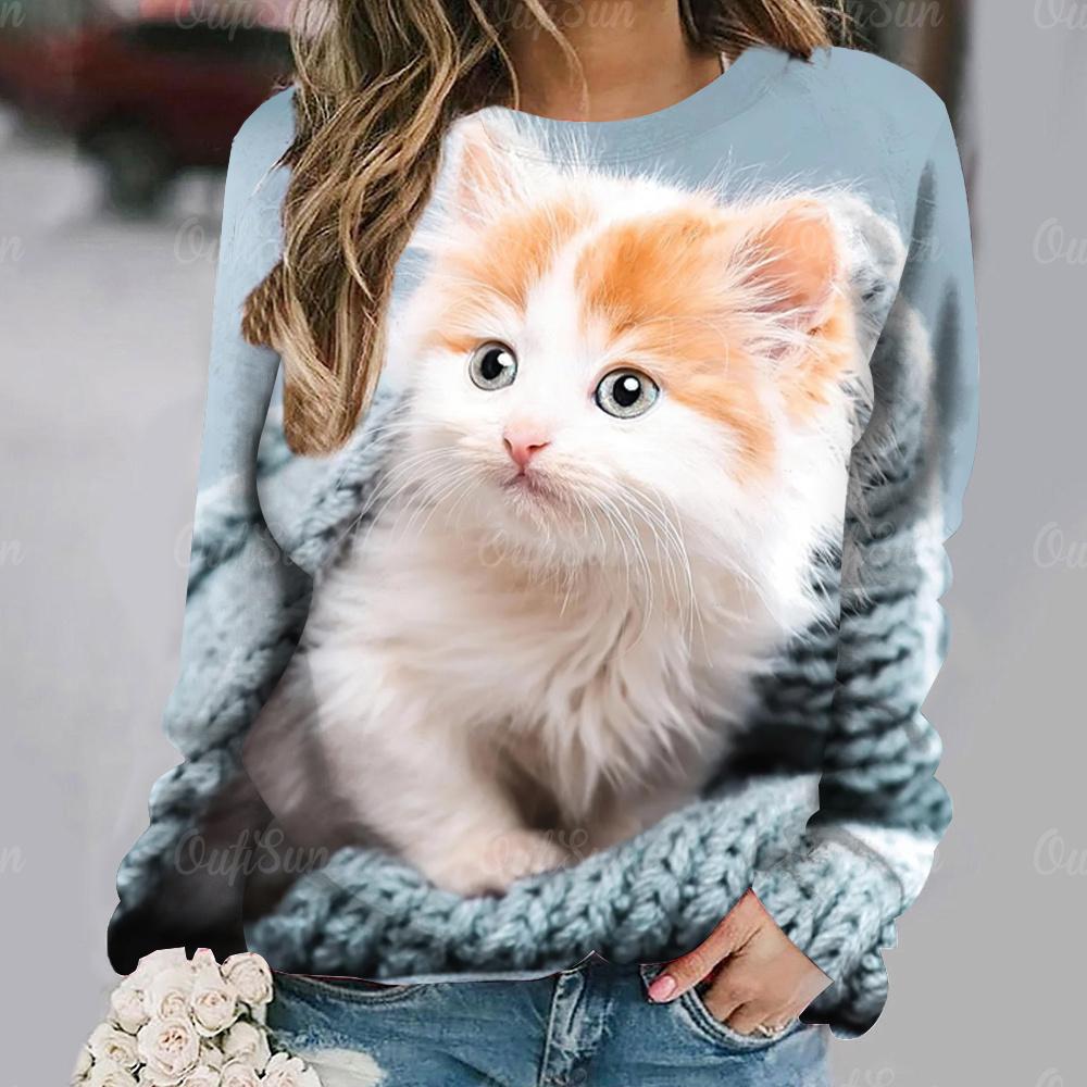 Autumn/Winter Cotton Women's T-shirts Cute Cat Print Casual Long Sleeves Tees Pullover Fashion Loose Daily Women Clothing Tops