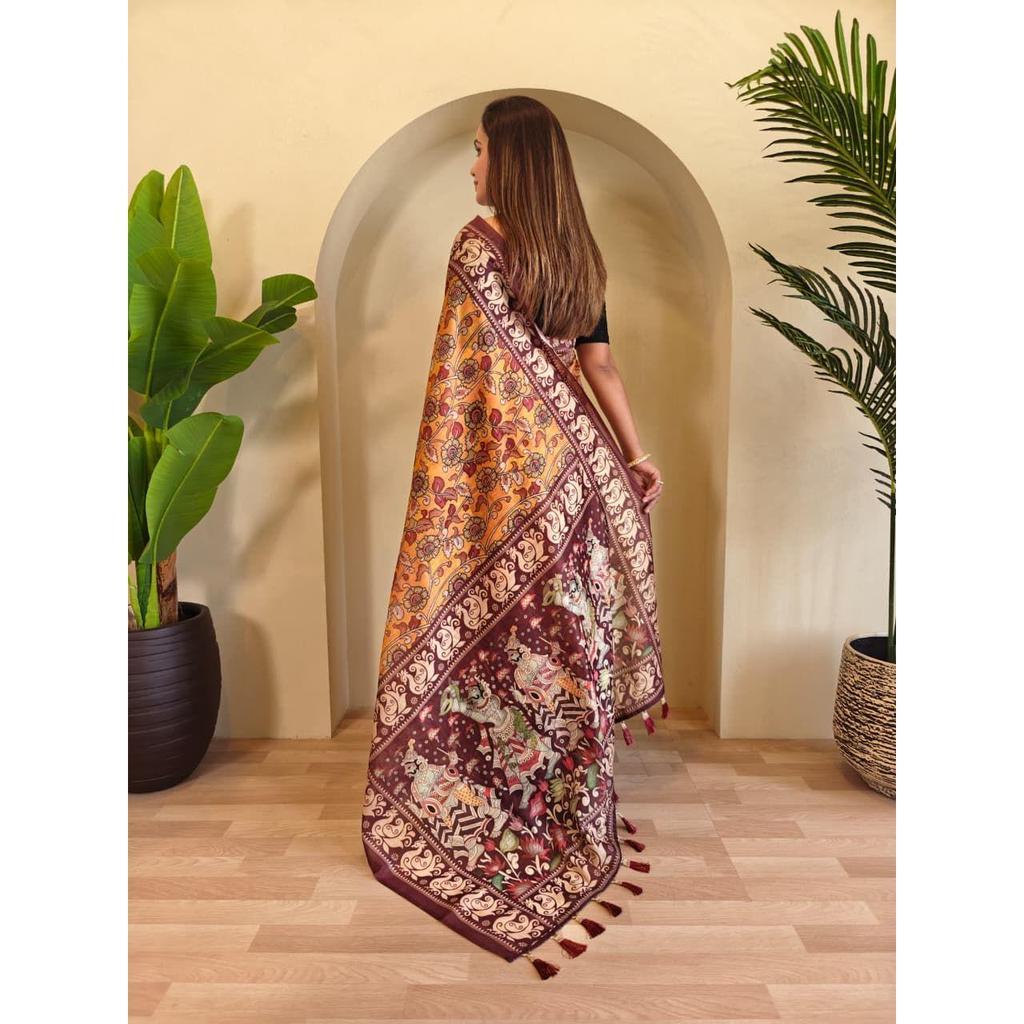 Soft Cotton  Chanderi Sarees with Kalamkari Digital Print Pattern Tassels Over the Saree.