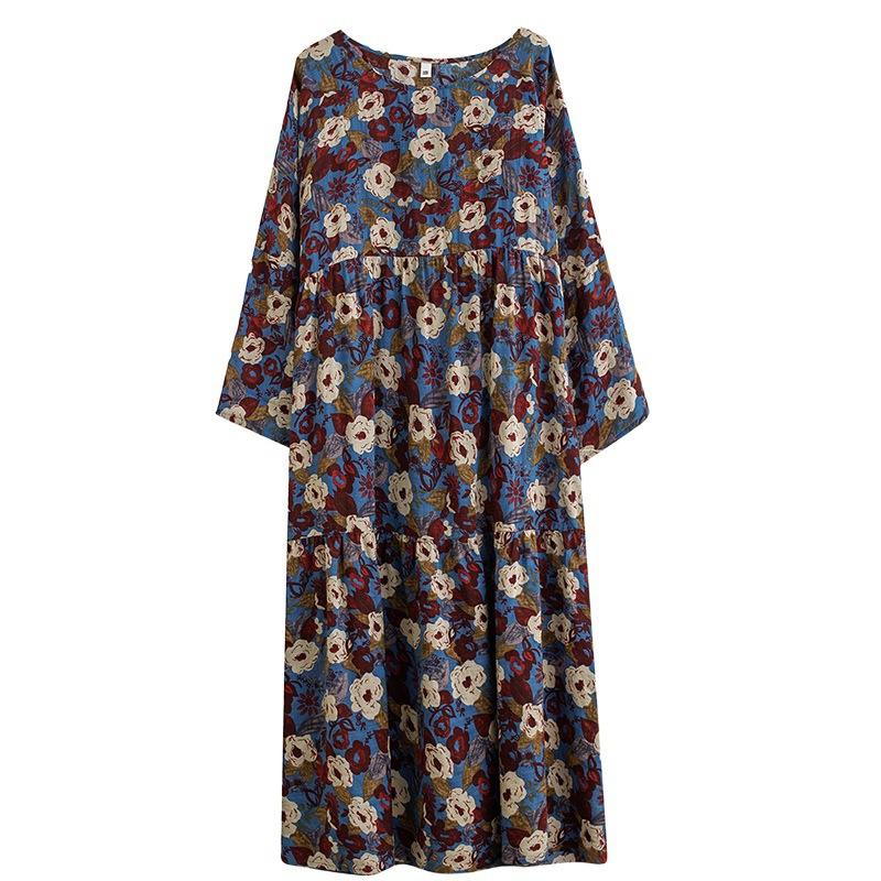 Round Neck Long Sleeve Bohemian Clothing Retro Autumn Cotton Linen Dresses Vintage Casual Floral Printed Long Dress for Women