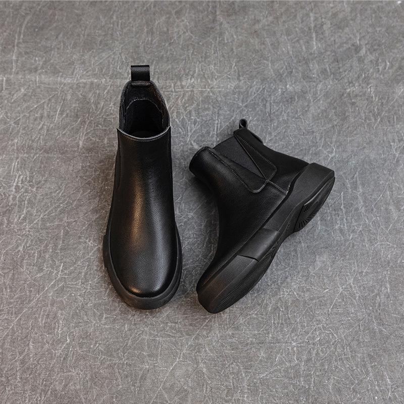 Women's Chunky Heel Retro Leather Chelsea Ankle Boots - Warm, Soft Sole, Handmade Martin Style