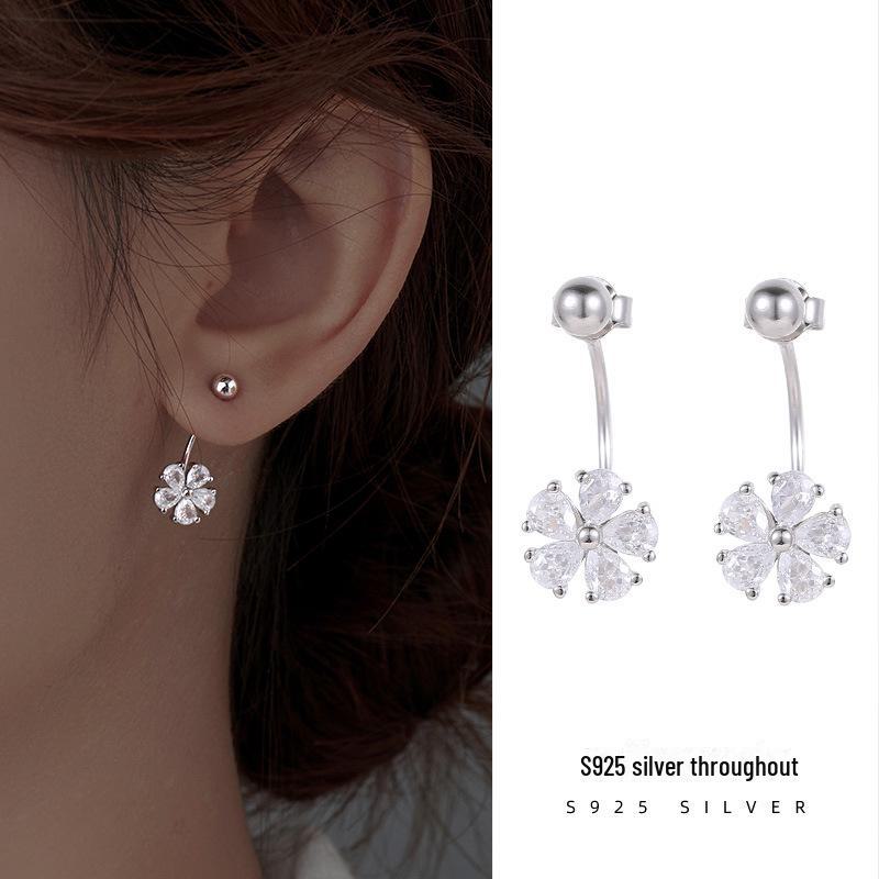 Banyan Tree S925 Silver Diamond Flower Round Bead Back-Hanging Earrings for Women - High-End Korean Trend.