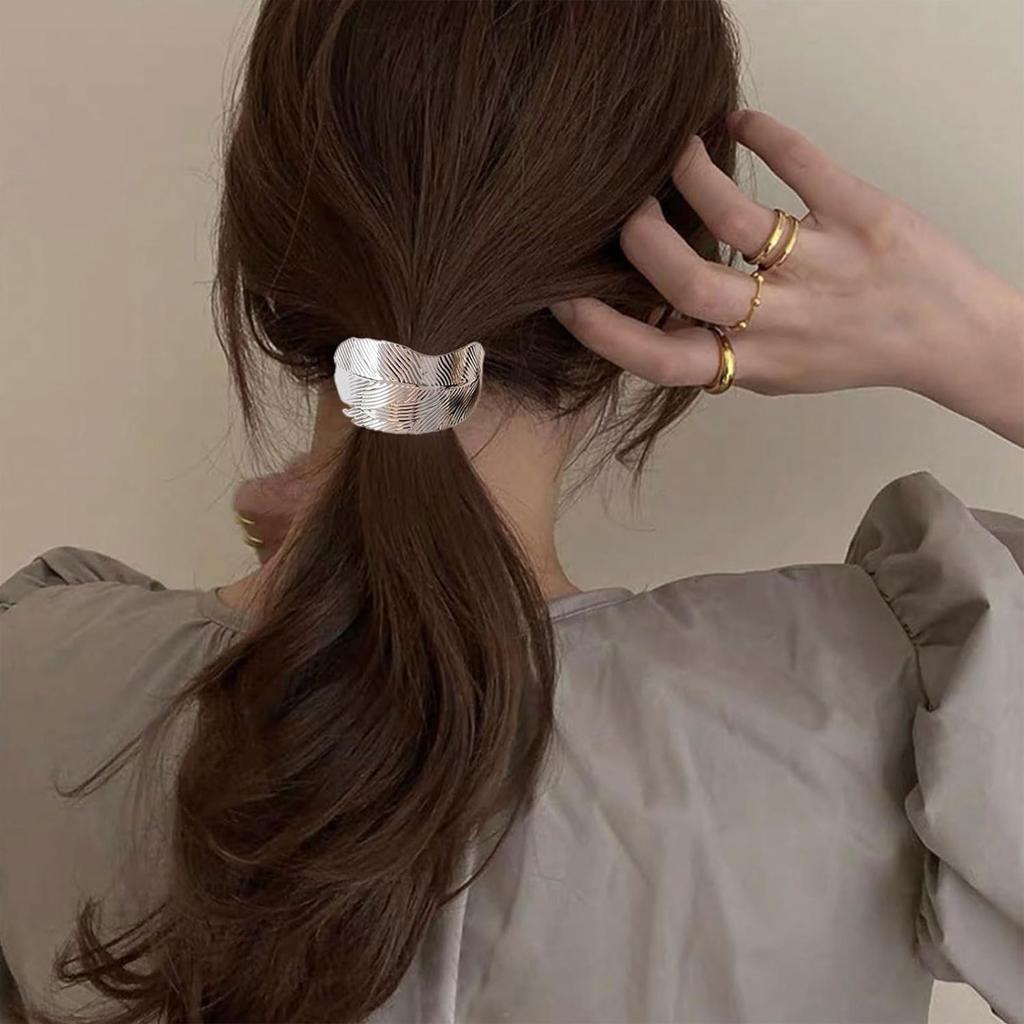 Boho Chic Alloy Hair Tie Set - Sleek Leaf Design, Glossy Metal Ponytail Holders for Women & Girls 14+, Durable & Stylish Gift