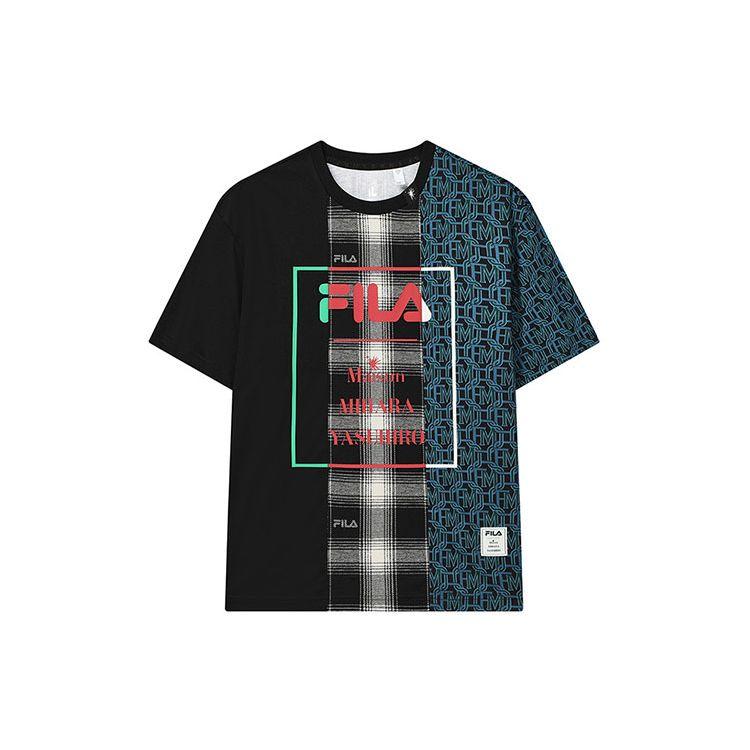 Fila Mihara Yasuhiro Collaboration Loose Fit Logo Print Plaid Crew Neck T-Shirt Men Tops Black F11M223104F-BK