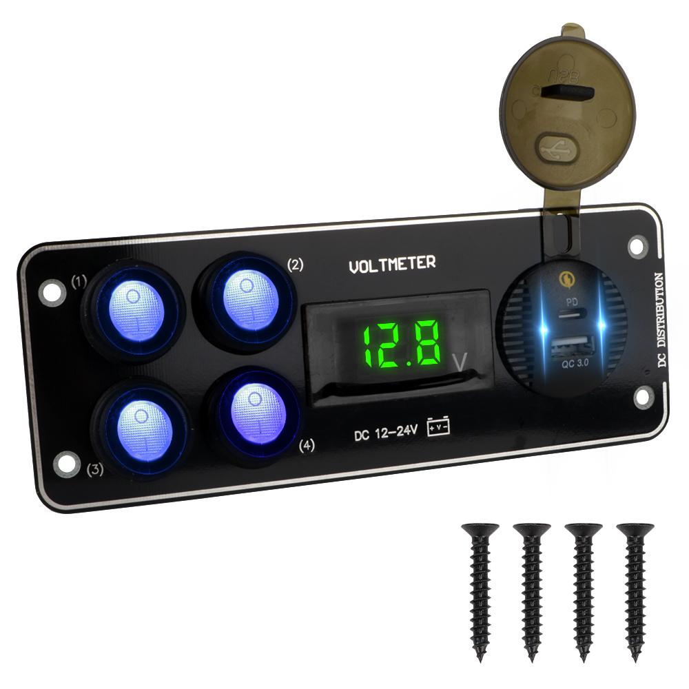 QC3.0 Voltmeter Car Charging PD 12-24V 4 Gang Switch Panel Toggle Switch Panel For Car RV Truck ATV UTV Camper Caravan
