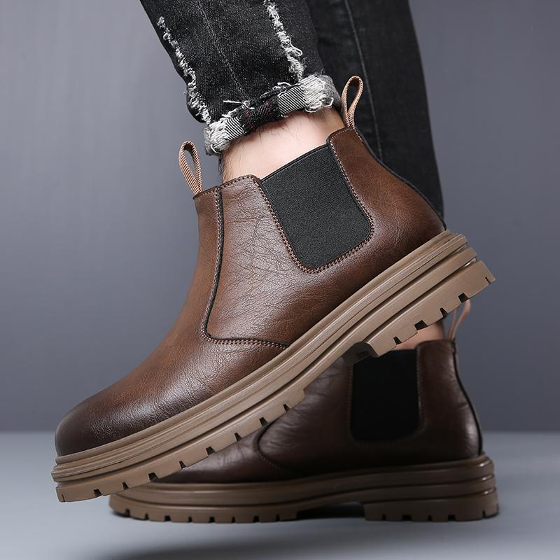 Men Business Short Boots Fashion Platform Ankle Thick Soled Boots New Male Leather Motorcycle Boots Slip On Casual Chelsea Shoes