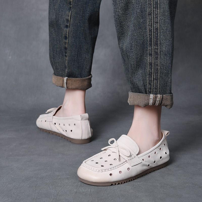 Johnature Genuine Leather Hollow-out Women's Slip-on Shoes Comfortable Casual Flat Breathable Sandals