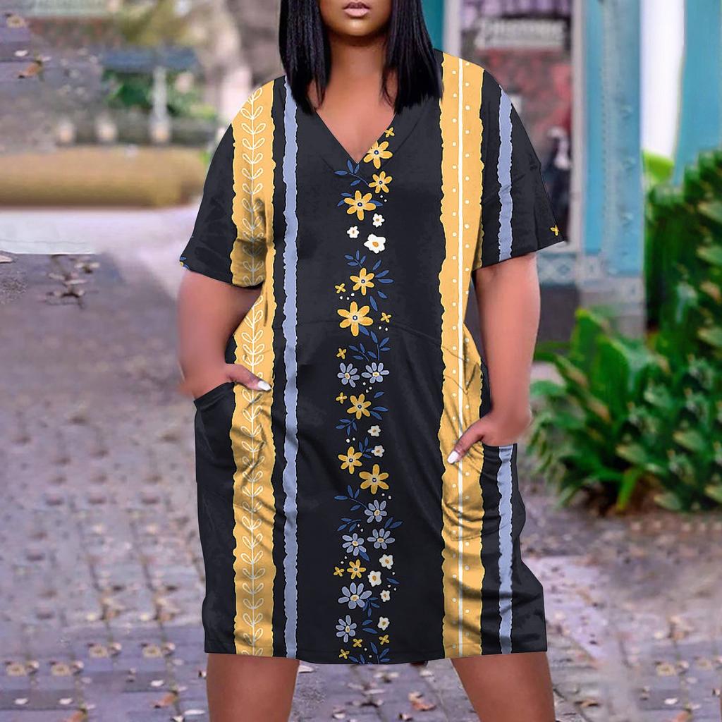 Women's Summer Plus Size V-neck Short Sleeve Print Knee Pocket Casual Dress