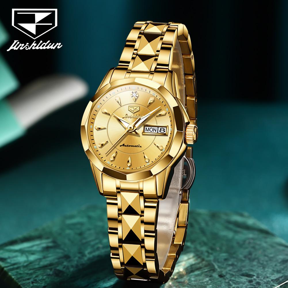 JINSHIDUN New Business and Leisure Ladies Watch Fully Automatic Mechanical Watch Tungsten Steel Double Calendar Luminous Waterproof High-end Watch
