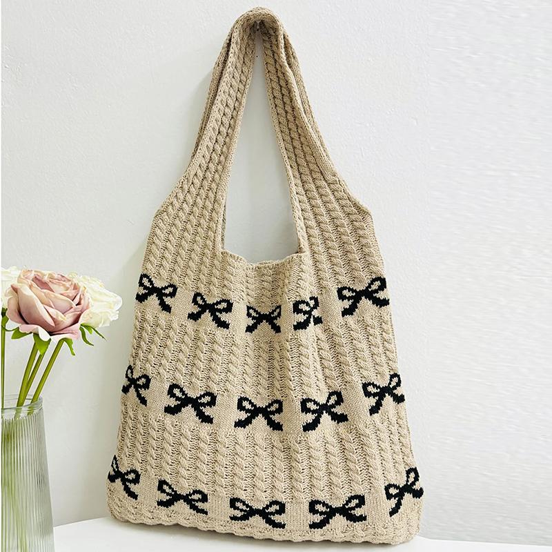 Yogodlns Women's Bow Shoulder Bag Aesthetics Crochet Handbag Purses Knitted Shopping Bag Summer Beach Bag Ladies Woven Tote Bags