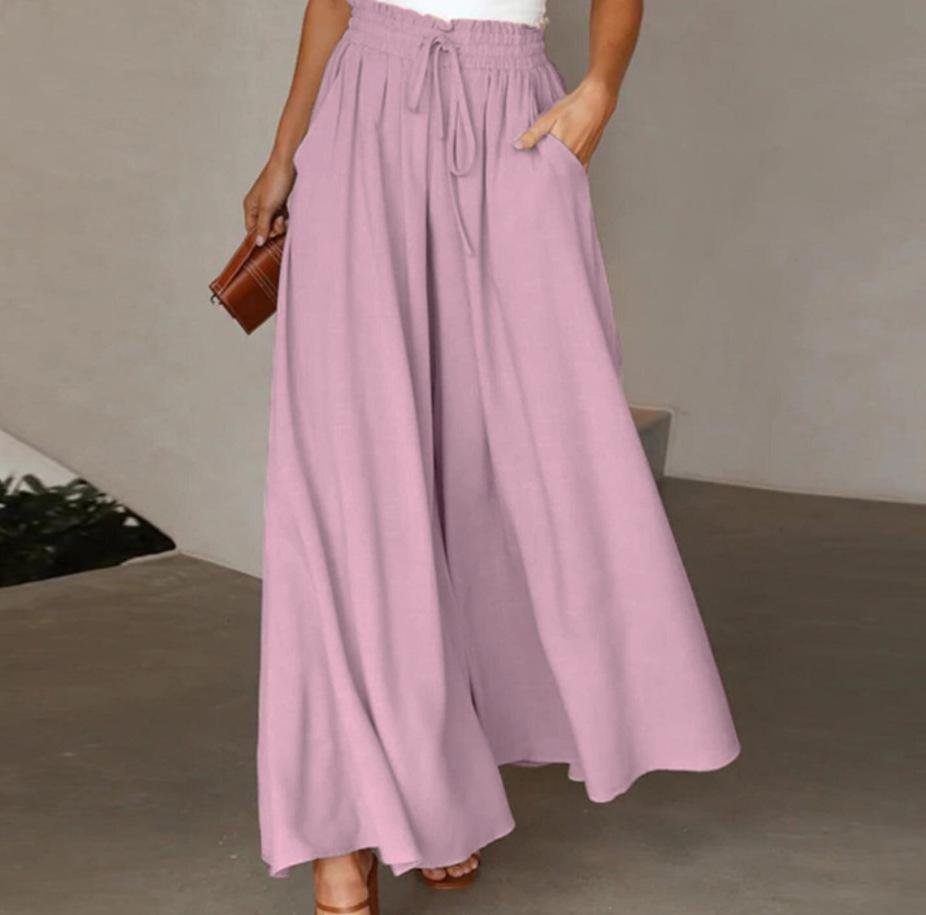 Women's Solid Color Trousers Elastic Belt Wide Leg High Waist Long Culottes