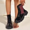Fashion Red Leopard Print Ankle Boots Women Patent Leather Lace Up Motorcycle Boots Woman Patchwork Platform Booties Mujer 43